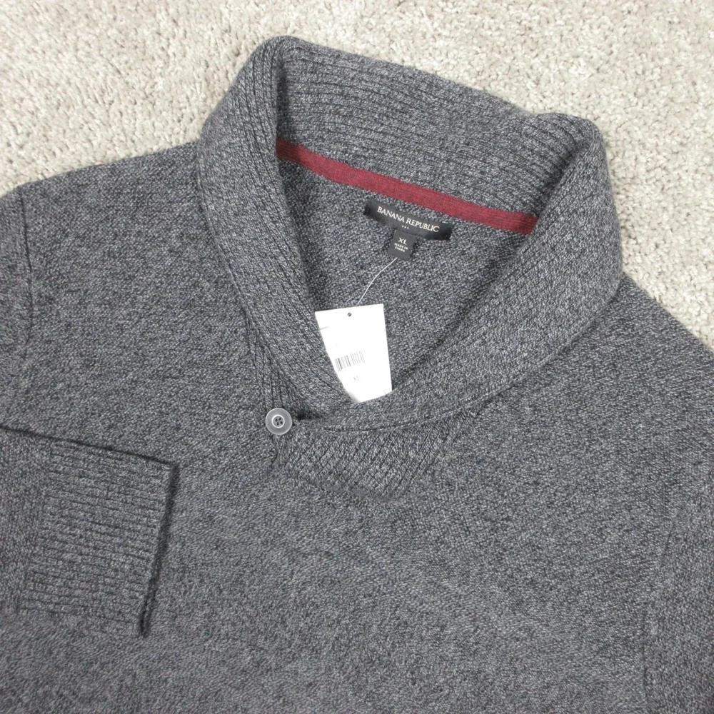Banana Republic Sweater Mens XL‎ Gray Shawl Collar Knit Pullover Cotton Button